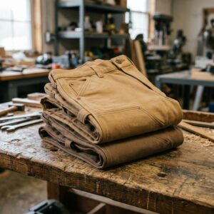 Custom duck canvas carpenter work pants in tan and brown, folded stack — OEM workwear manufacturing