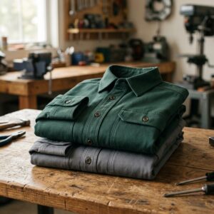 Reinforced twill work shirts in pine green and steel grey, folded stack — custom workwear manufacturer