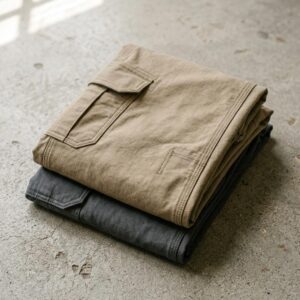 Ripstop cargo work pants in khaki and graphite, folded stack — low MOQ workwear factory