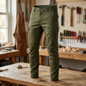 Custom 4-way stretch utility work pants in olive with articulated knee and gusseted crotch — private label workwear