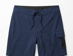 Athletic shorts liner construction detail — separate liner elastic and double-needle waistband attachment