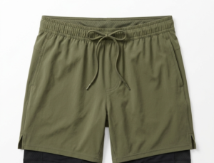 Custom men's running shorts manufacturing with built-in liner, olive green — OEM factory-direct