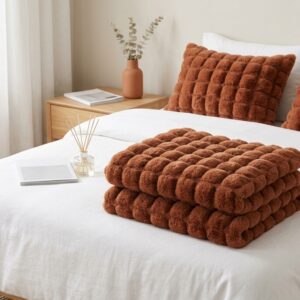 Custom terracotta bubble-ribbed faux fur throw blanket - folded bedroom styling, OEM wholesale manufacturer sample