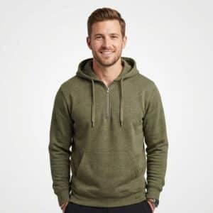 Men's quarter-zip fleece sweatshirt in olive green, custom OEM wholesale manufacturer