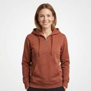 Women's quarter-zip fleece sweatshirt in rust terracotta, custom OEM wholesale manufacturer