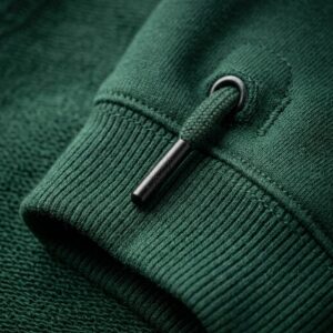 Close-up detail of a tracksuit jogger's ribbed cuff and drawstring hardware in deep pine green French terry fabric