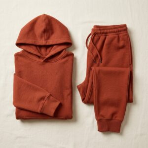 Flat lay of a folded matching tracksuit set, hoodie and jogger sweatpants in identical rust terracotta French terry fabric