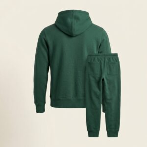 Ghost mannequin product photo of a matching tracksuit set from the back, hoodie with hood and jogger sweatpants in identical deep pine green French terry fabric