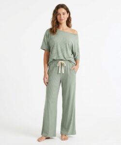 Custom sage green striped oversized loungewear set - women's off-shoulder top and wide-leg pants, factory sample on white background
