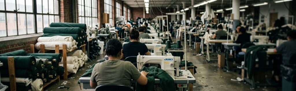 Garment factory production line sewing streetwear hoodies, fabric rolls in deep green and cream on wooden shelving