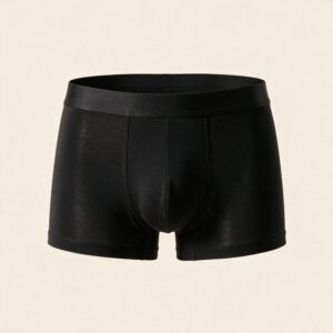 Black micromodal boxer brief with contour pouch and exposed waistband, ghost mannequin