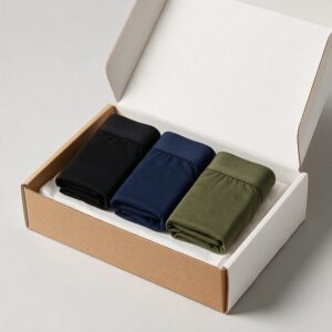 Three folded modal boxer briefs in a kraft retail box, private label packaging