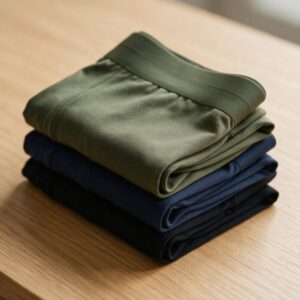 Folded men's modal boxer briefs in olive green, navy and black, private label basics